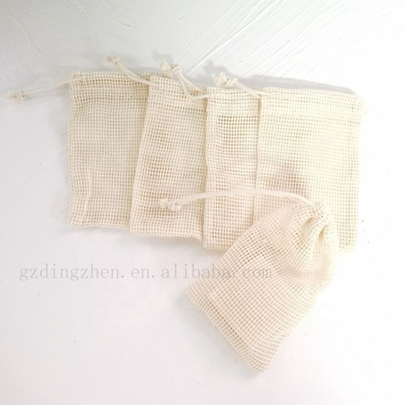 Eco-Friendly Organic Cotton Mesh Drawstring Bag Soap Saver Bag Natural