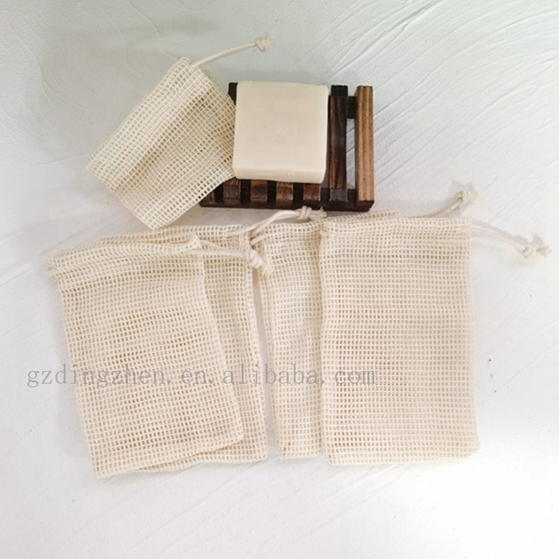 Eco-Friendly Organic Cotton Mesh Drawstring Bag Soap Saver Bag Natural