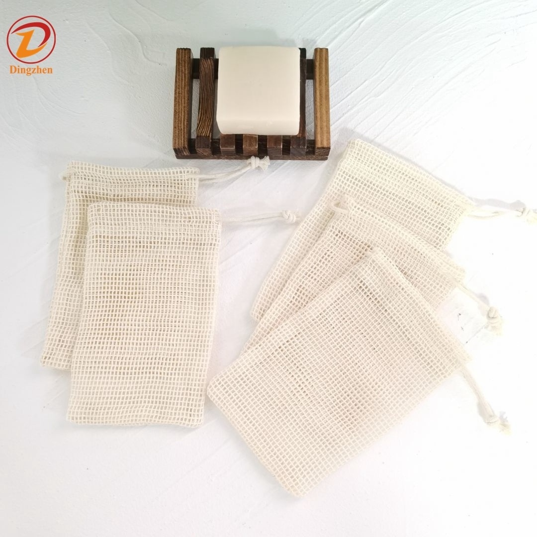 Eco-Friendly Organic Cotton Mesh Drawstring Bag Soap Saver Bag Natural