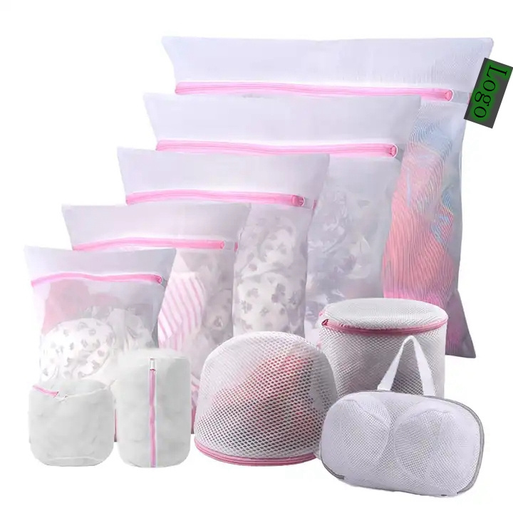 Private logo Polyester Net Laundry Bags for with Non Zipper White Washable Machine Bra Clothes Laundry Bags Mesh Wash Bags Set