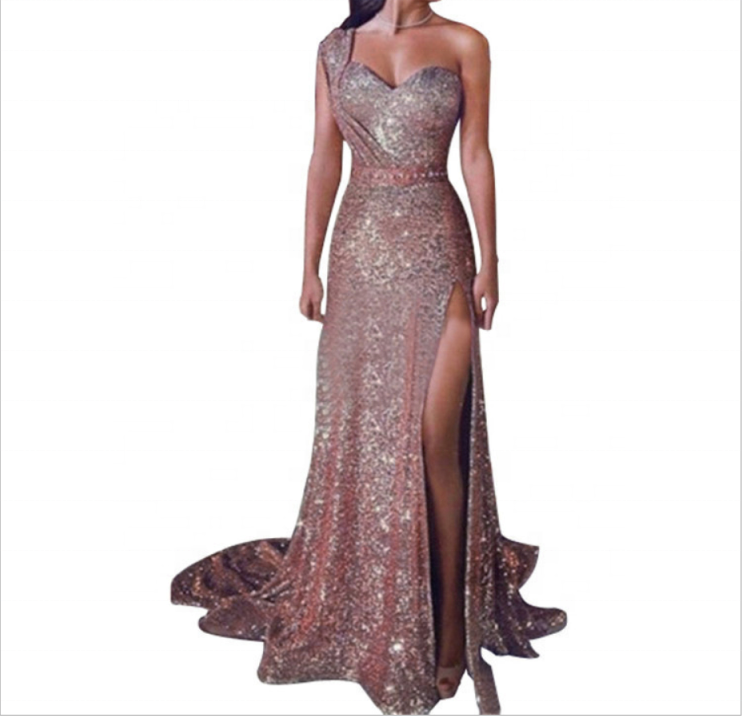 2021 Sexy one-shoulder sleeveless bronzing formal  evening dress split long