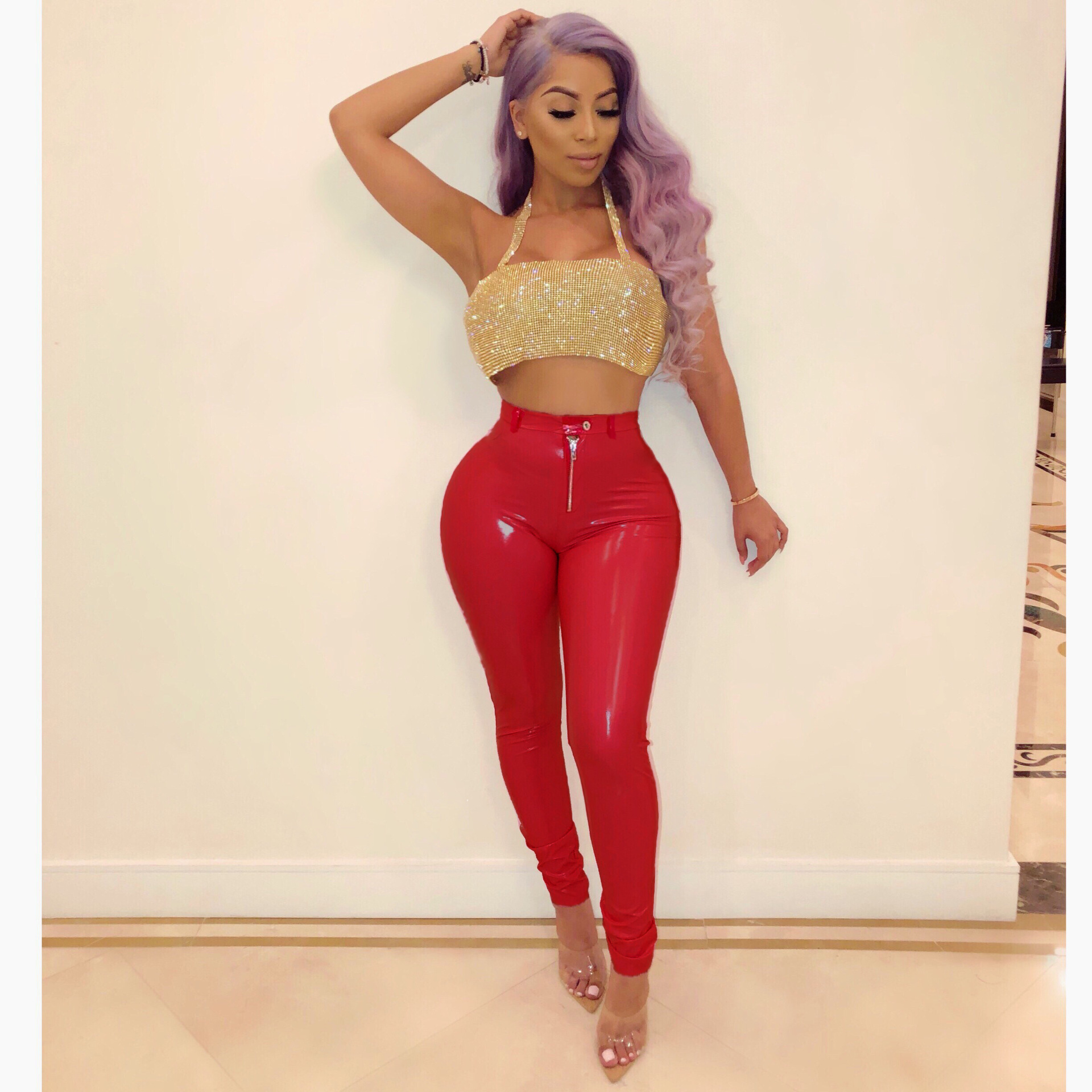 Hot sale women peach hips sexy tight slim fit shiny pink leather faux leather pants