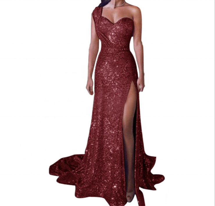 2021 Sexy one-shoulder sleeveless bronzing formal  evening dress split long