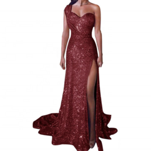 2021 Sexy one-shoulder sleeveless bronzing formal  evening dress split long