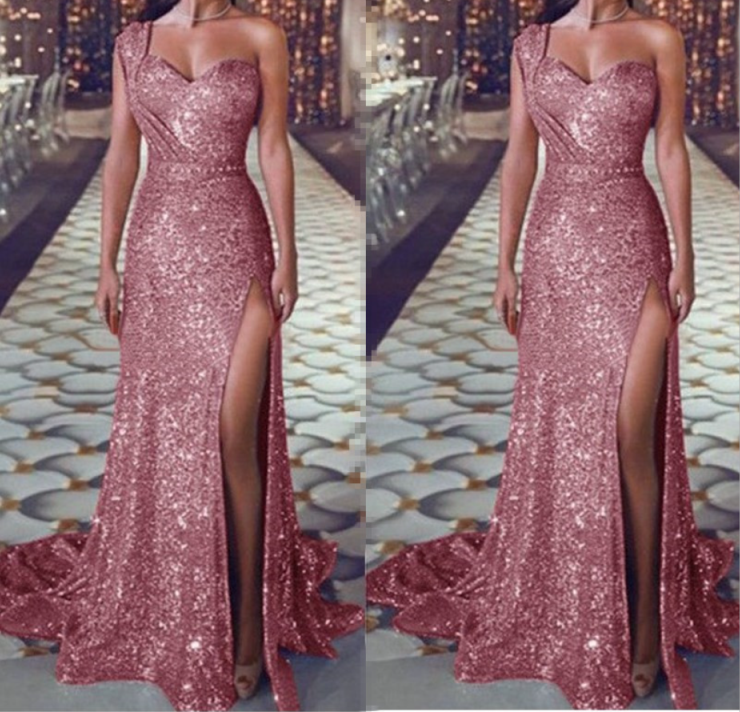 2021 Sexy one-shoulder sleeveless bronzing formal  evening dress split long