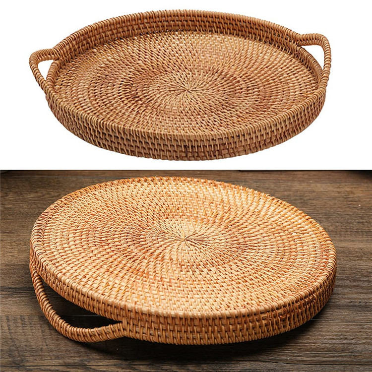 Large Tabletop Serving Plate Big Round Basket With Handles Floating Rattan Pool Tray For 2 Piece Set Cane Rectangle Bamboo