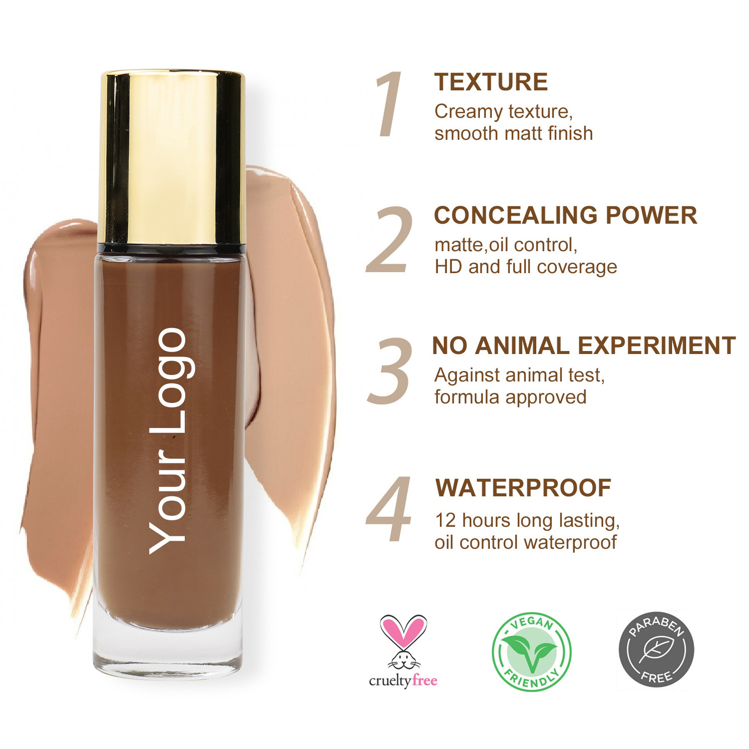 Custom Logo 17 Colors Full Coverage Vegan Waterproof Makeup Liquid Foundation Cream Private Label Foundation