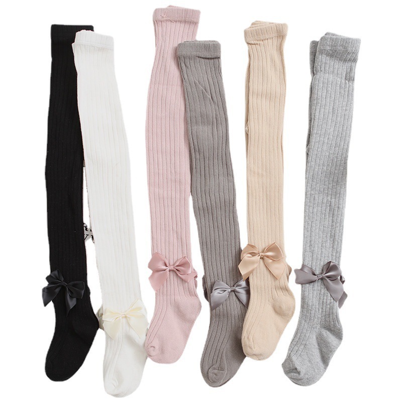 Spring And Autumn Girls Knit Pantyhose Stocking Baby Kids Sweet Long Socks With Bows