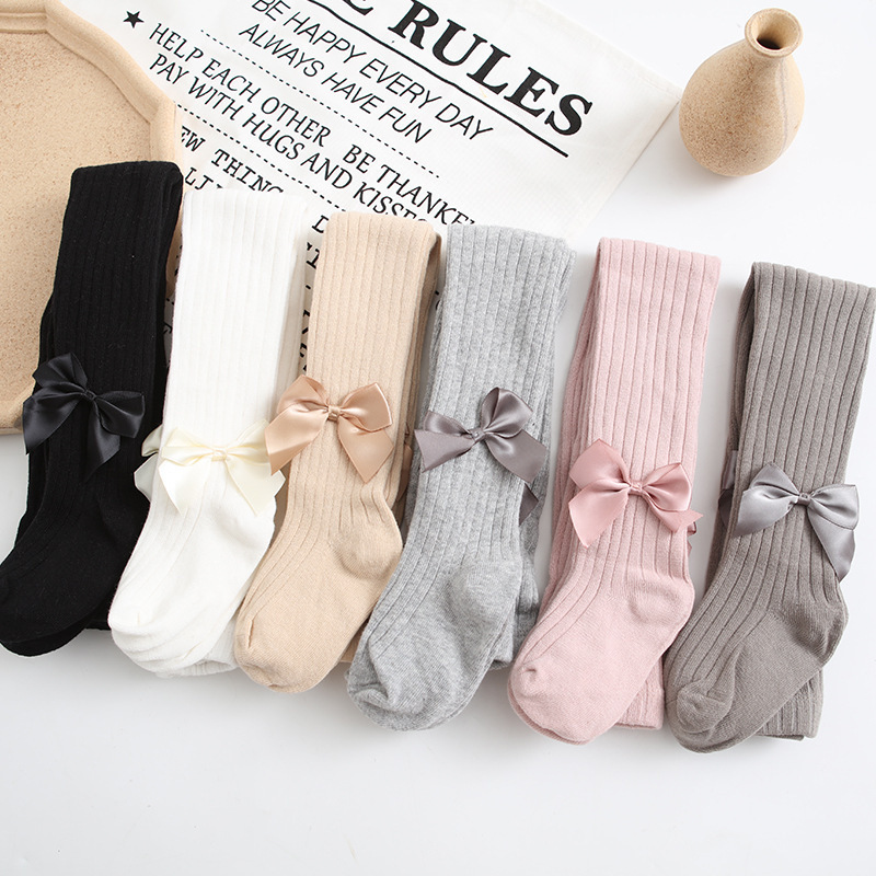 Spring And Autumn Girls Knit Pantyhose Stocking Baby Kids Sweet Long Socks With Bows