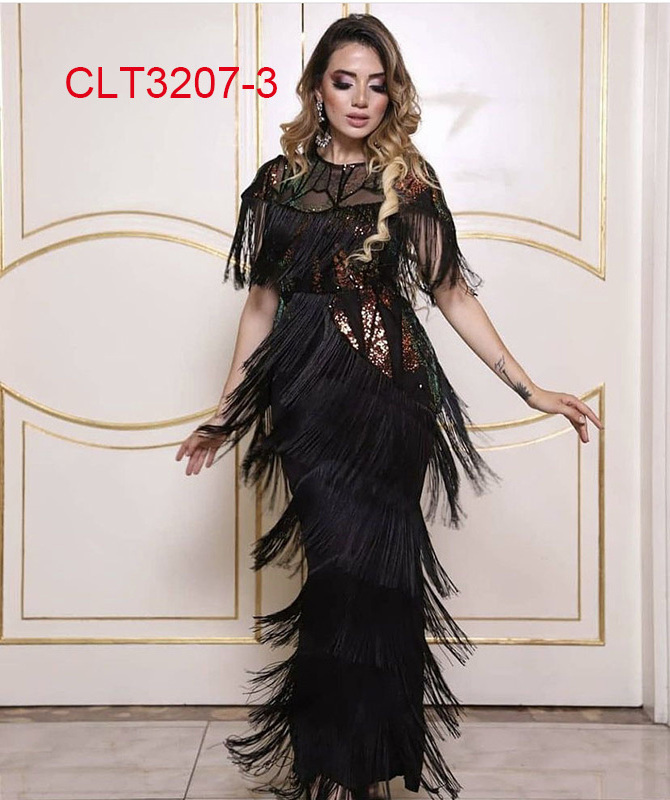 European and American African fashion women's tassel sequins slim dress evening dress