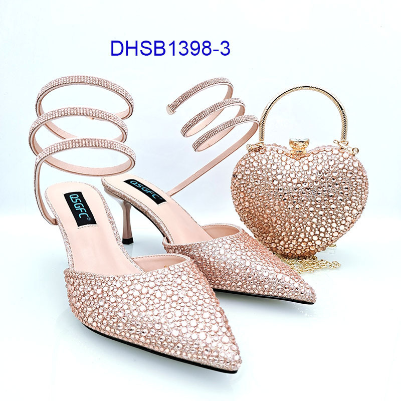 latest ladies high quality women high heels pointed shoes and matching clutch bag with rhinestone