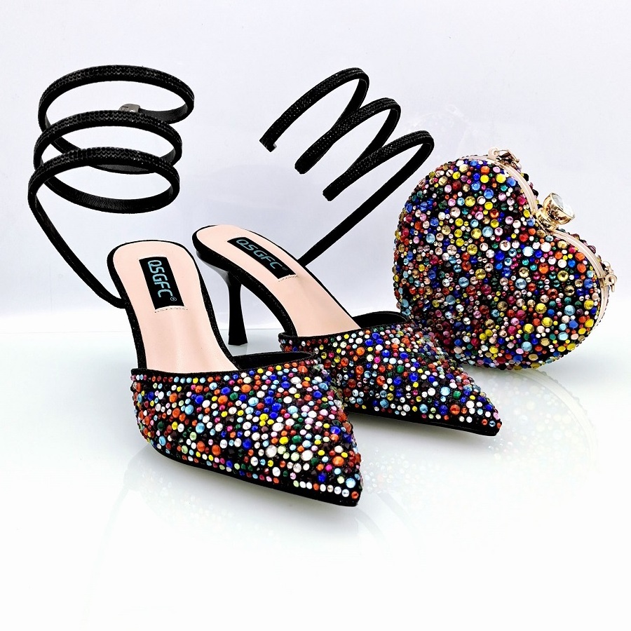 latest ladies high quality women high heels pointed shoes and matching clutch bag with rhinestone