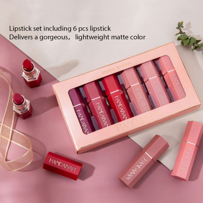 HANDAIYAN High Quality Fashion Beauty 6 Colors Lipsticks Matte Sets Gift Box Waterproof Velvet Matte Lipstick Set For Women