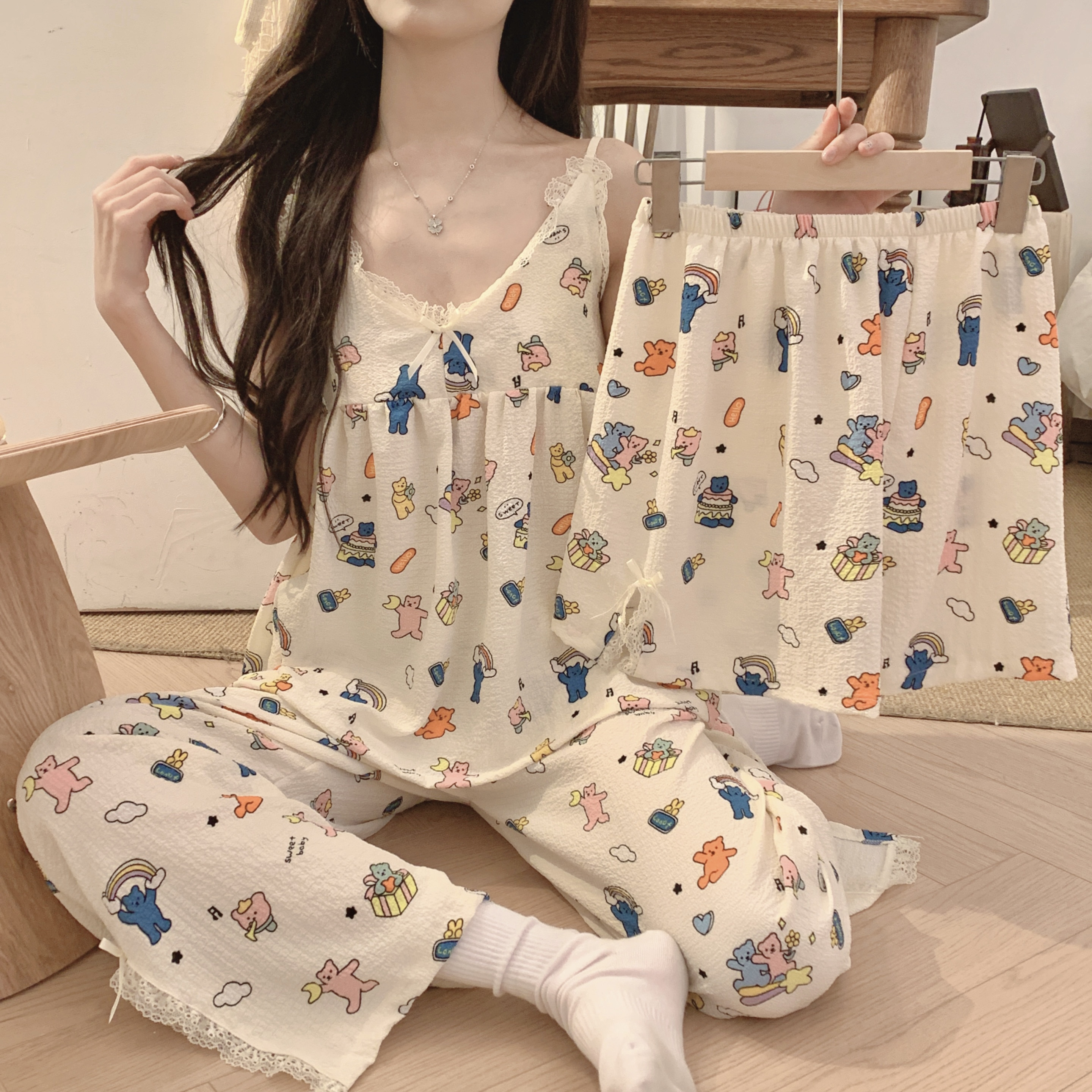 Sling three-piece pajamas with chest pad woven foam wrinkled cloth sling Sleepwear shorts trousers pyjamas