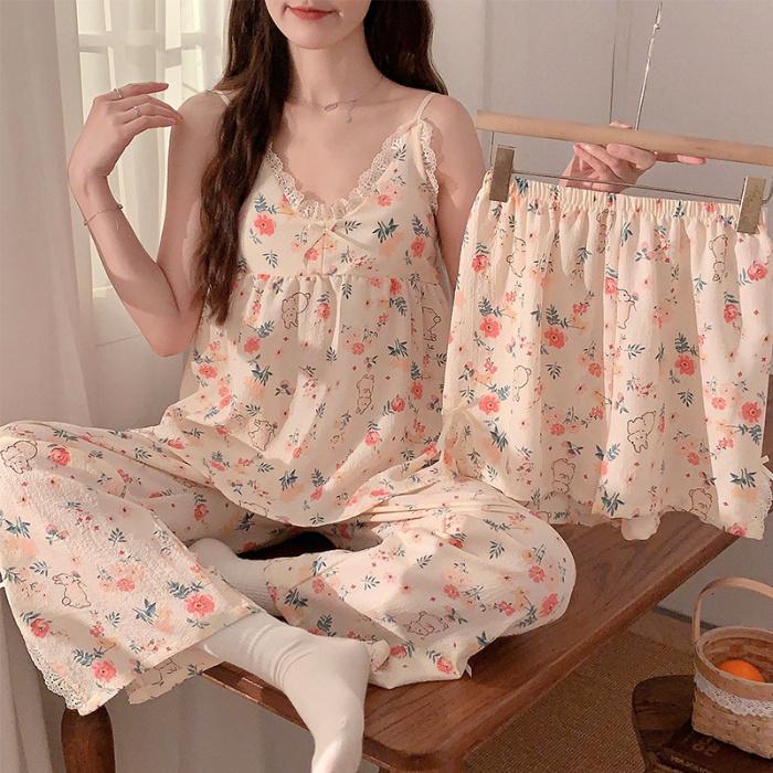 Sling three-piece pajamas with chest pad woven foam wrinkled cloth sling Sleepwear shorts trousers pyjamas