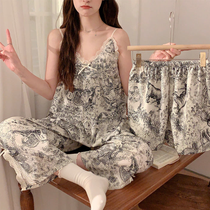 Sling three-piece pajamas with chest pad woven foam wrinkled cloth sling Sleepwear shorts trousers pyjamas