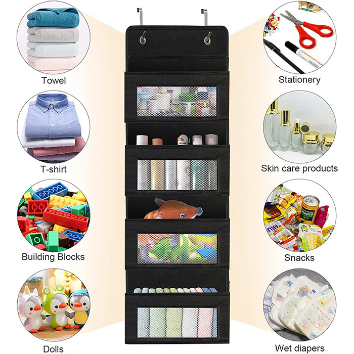 Best Sale Folding 4 Pocket Black Fabric Over the Door Storage Hanging Organizer Bag With Mesh Window