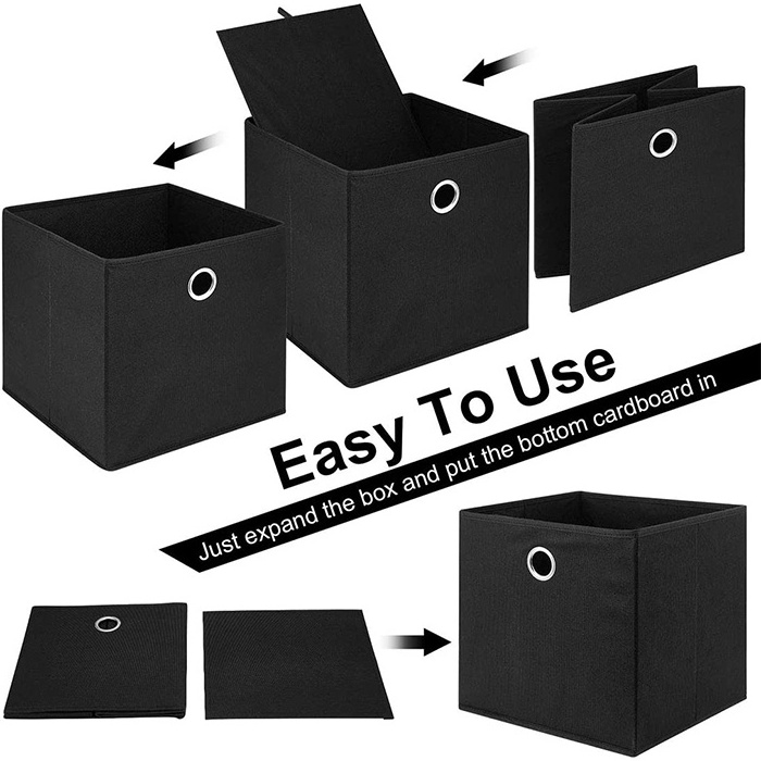 GuangDong 11 Inch 6 Pack Black Folding Fabric Cube Drawer Bins organization Stackable Box Storage Organizer With Round Handle