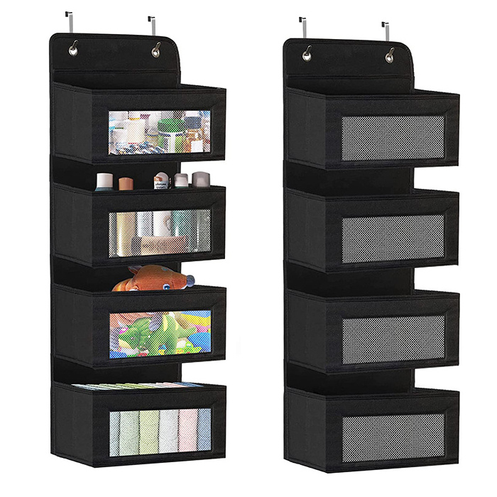 Best Sale Folding 4 Pocket Black Fabric Over the Door Storage Hanging Organizer Bag With Mesh Window