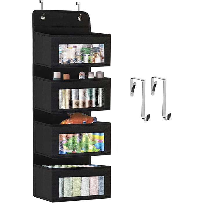 Best Sale Folding 4 Pocket Black Fabric Over the Door Storage Hanging Organizer Bag With Mesh Window