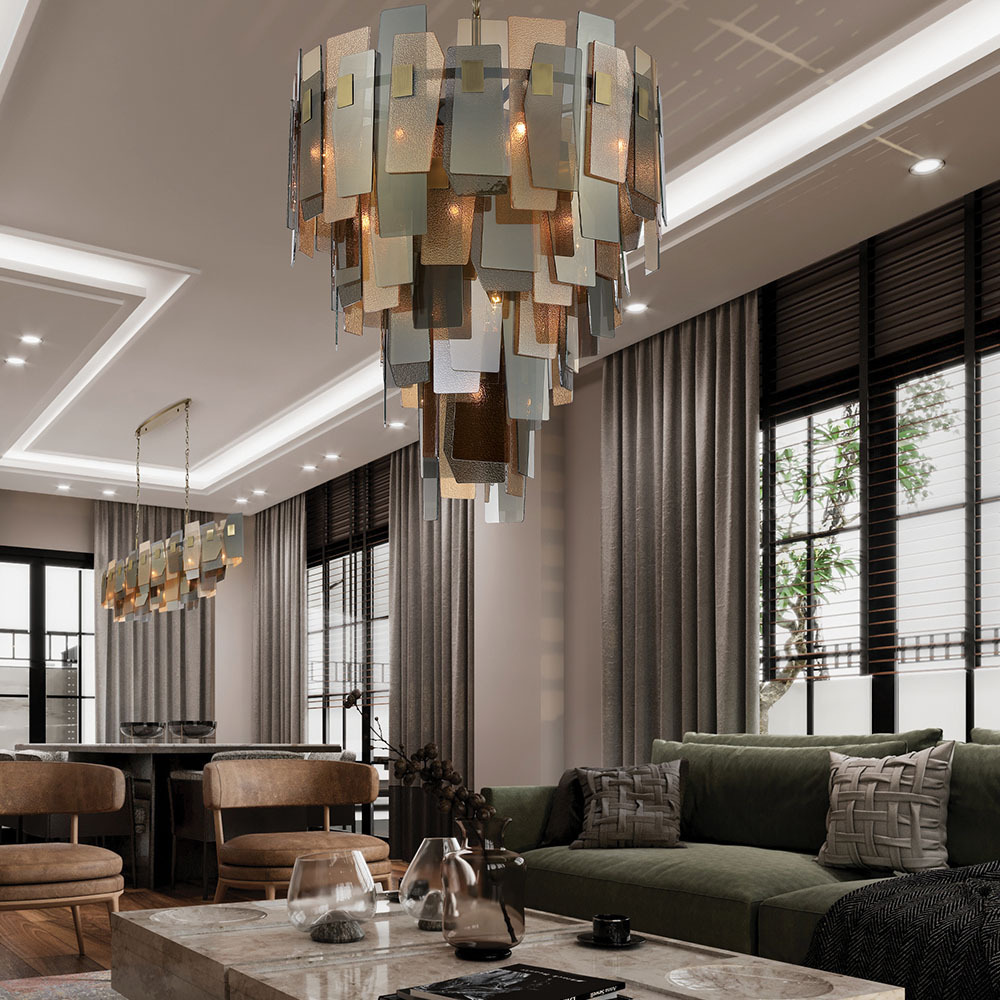 luxury villa living room decoration glass material black modern chandelier for high ceilings lighting