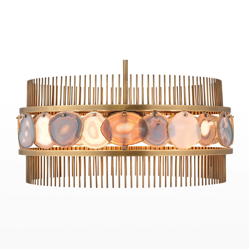 Modern Luxurious Brass Gold Round Natural Pink Blue Angate stone Slice Stone Luster Chandelier Lighting Fixture For Living Room