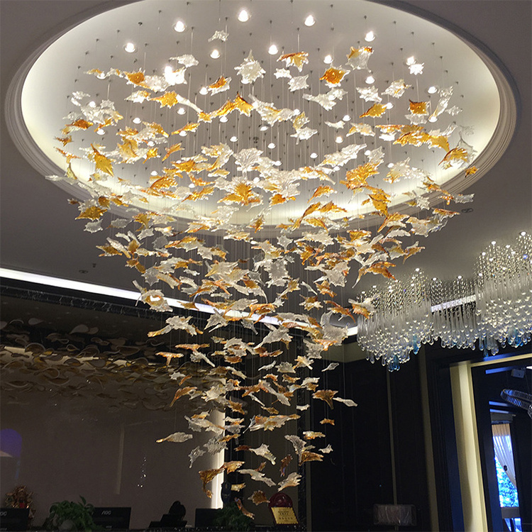 Hotel Lobby large glass pendant lights Custom hanging led modern maple leaf Chandelier for stairs nail salon