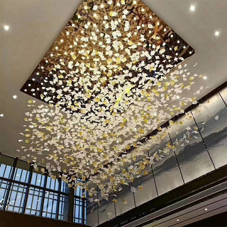 Hotel Lobby large glass pendant lights Custom hanging led modern maple leaf Chandelier for stairs nail salon