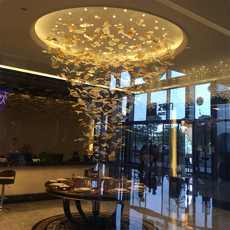 Hotel Lobby large glass pendant lights Custom hanging led modern maple leaf Chandelier for stairs nail salon