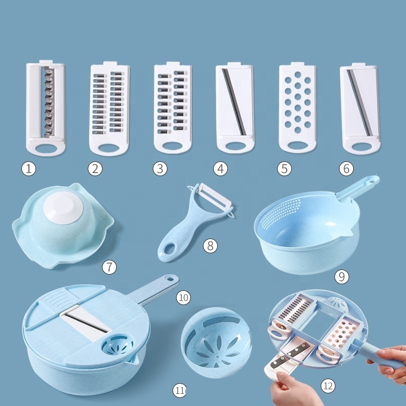 New Design Kitchen utensil 12 in 1  Hand-pulled Multifunctional Vegetable chopper /cutter/slicer   and salad spinner