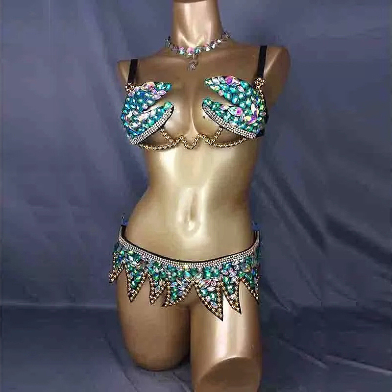 Samba Carnival Wire Bra & Belt 2pcs/Set Rainbow Stones Bell Dance wear Performance Costume