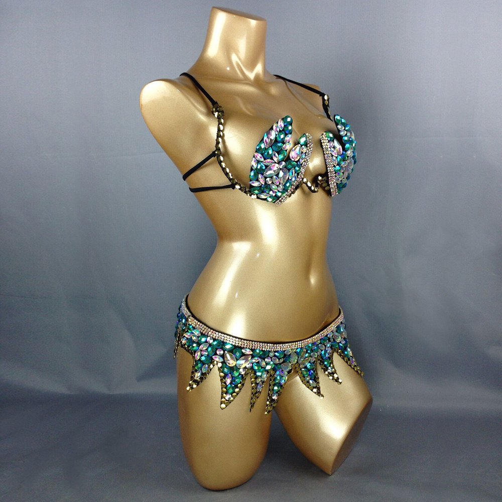 Samba Carnival Wire Bra & Belt 2pcs/Set Rainbow Stones Bell Dance wear Performance Costume