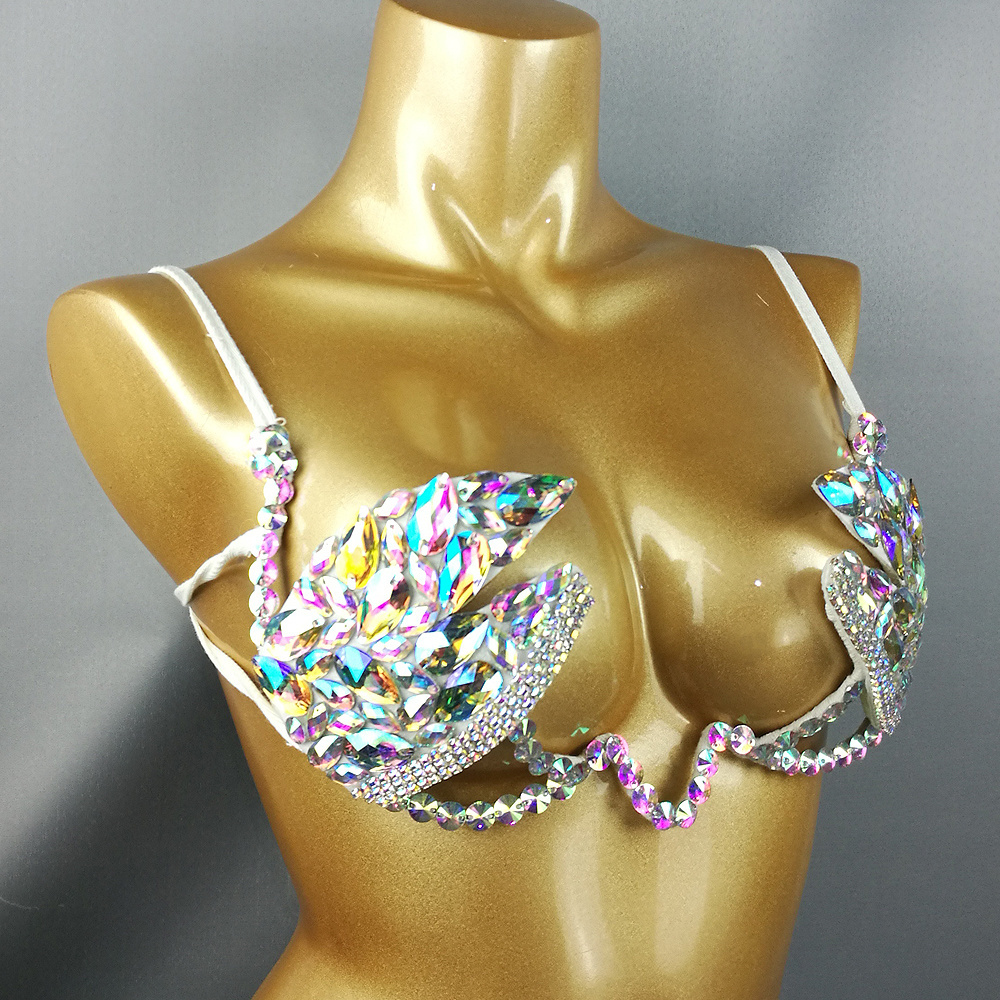 Samba Carnival Wire Bra & Belt 2pcs/Set Rainbow stones Bell Dance Outfits Performance Costume Women