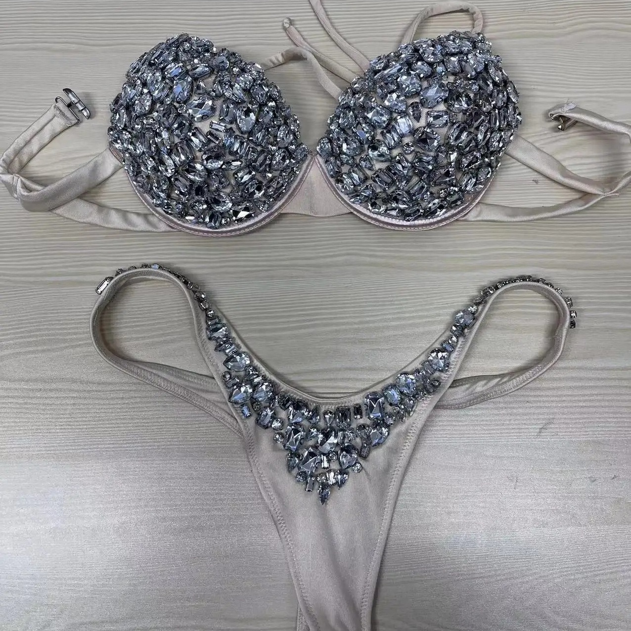 Ladies Stripper Beaded Sequins Shining Hot Sexy Exotic Dancewear Night Club Outfit EDC Bikini Swimming Wear Bra+Panty Costume