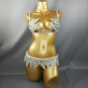 Samba Carnival Wire Bra & Belt 2pcs/Set Rainbow stones Bell Dance Outfits Performance Costume Women