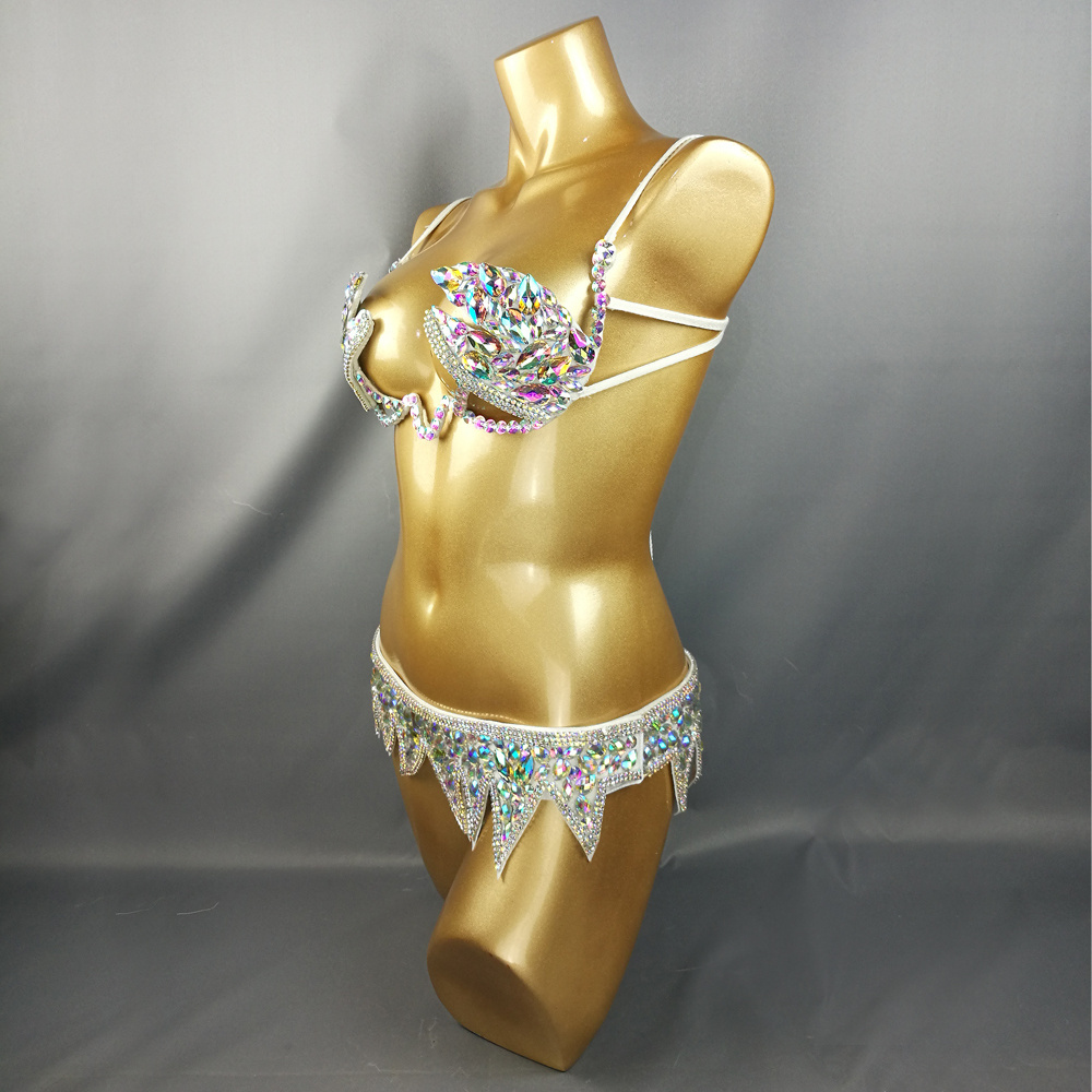 Samba Carnival Wire Bra & Belt 2pcs/Set Rainbow stones Bell Dance Outfits Performance Costume Women