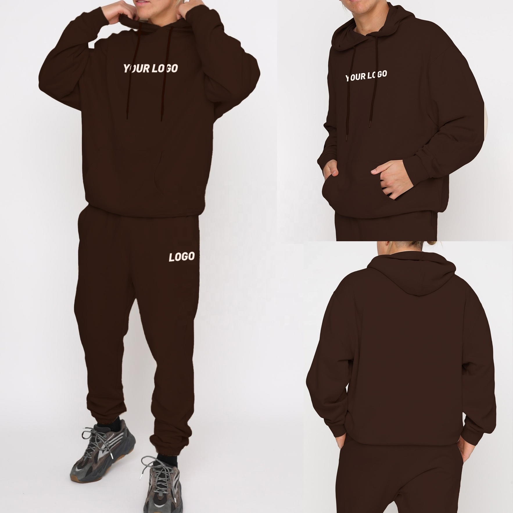 Customized Unisex Trend Look Oversized Ribbed Cuffs and Hem Hoodie Jumper and Draw String Joggers Set Knitted Fabric Casual