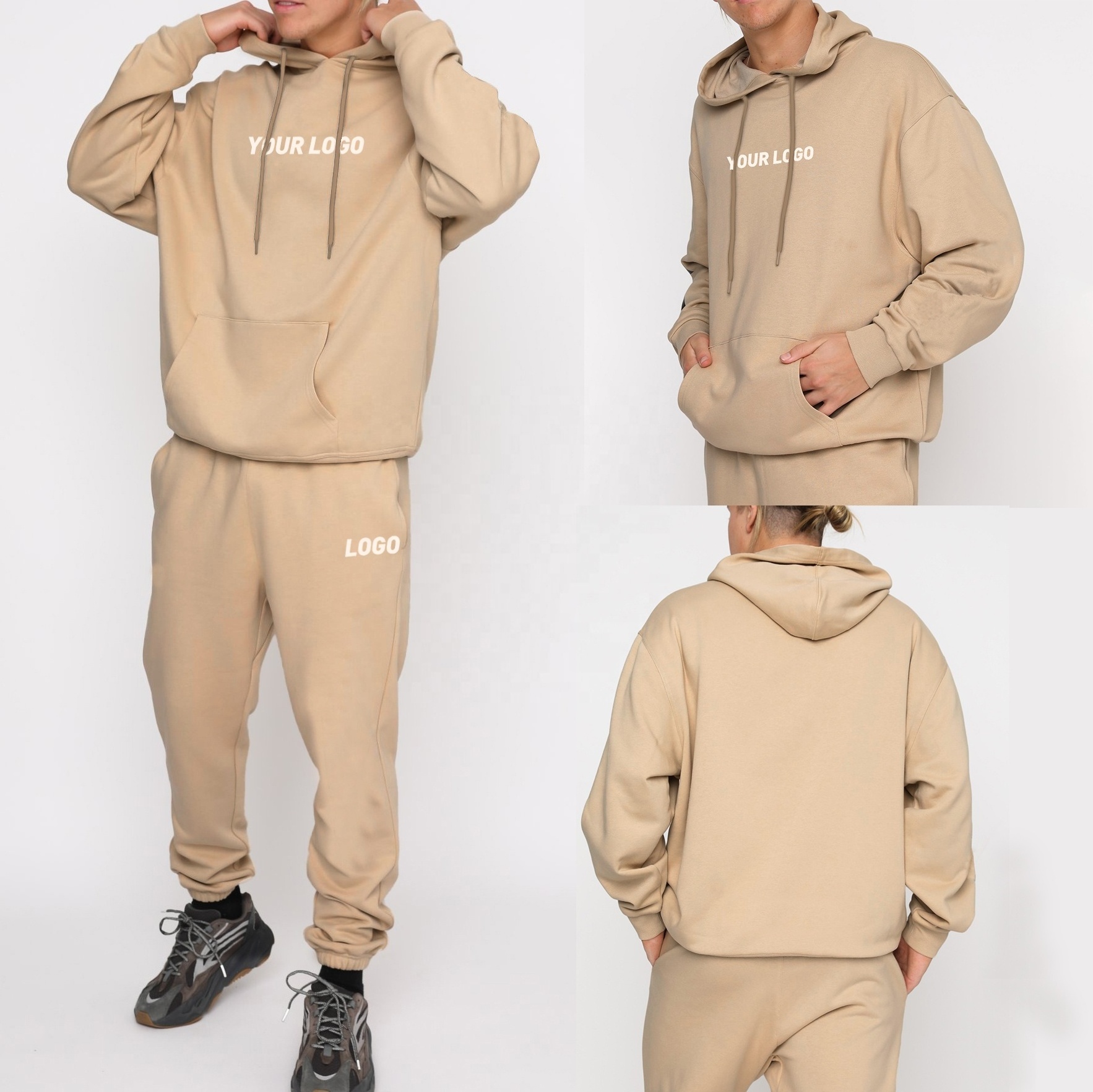 Customized Unisex Trend Look Oversized Ribbed Cuffs and Hem Hoodie Jumper and Draw String Joggers Set Knitted Fabric Casual