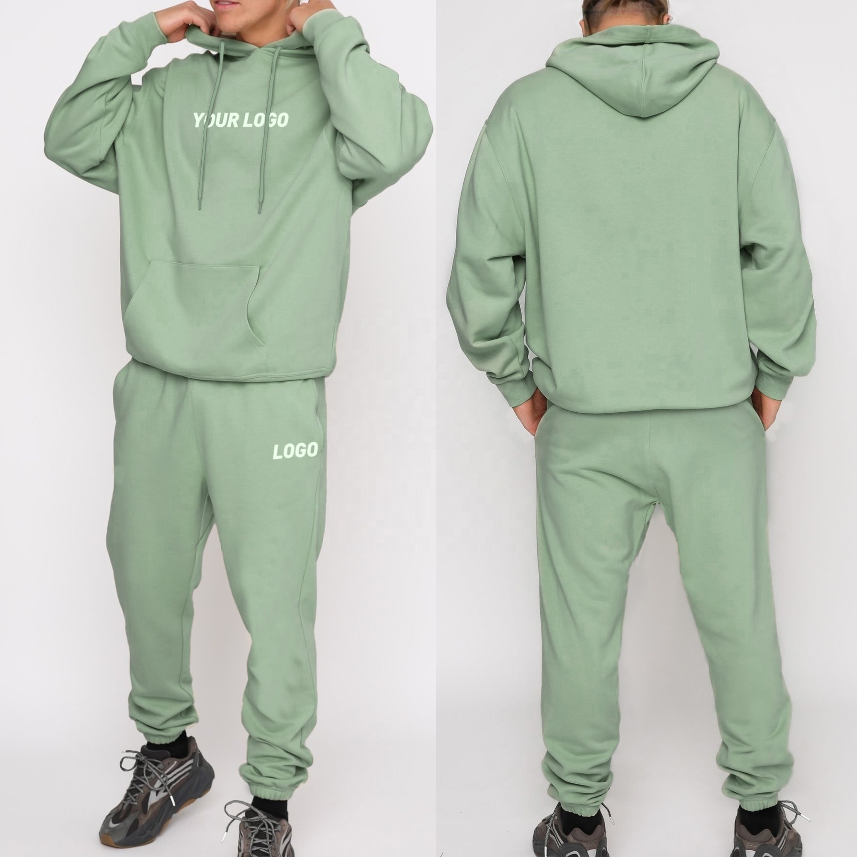 Customized Unisex Trend Look Oversized Ribbed Cuffs and Hem Hoodie Jumper and Draw String Joggers Set Knitted Fabric Casual