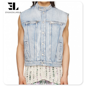 LARSUR Custom vintage wash heavy denim work vest for men jean cargo carpenter vest cropped racer biker sleeveless gilet jacket