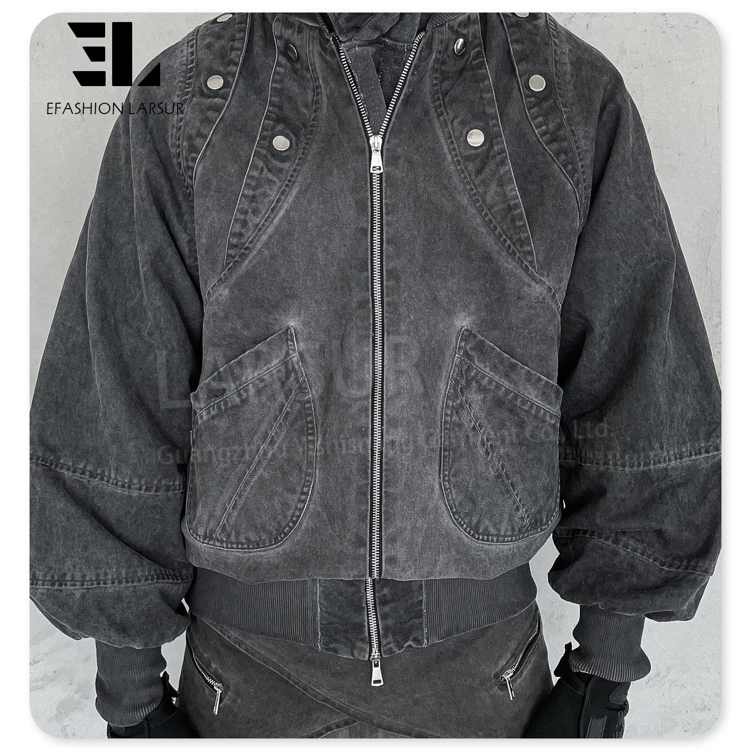 LARSUR Custom distress wash black denim bomber jacket with quilted lined crop flight denim puffer jacket motorcycle work jacket