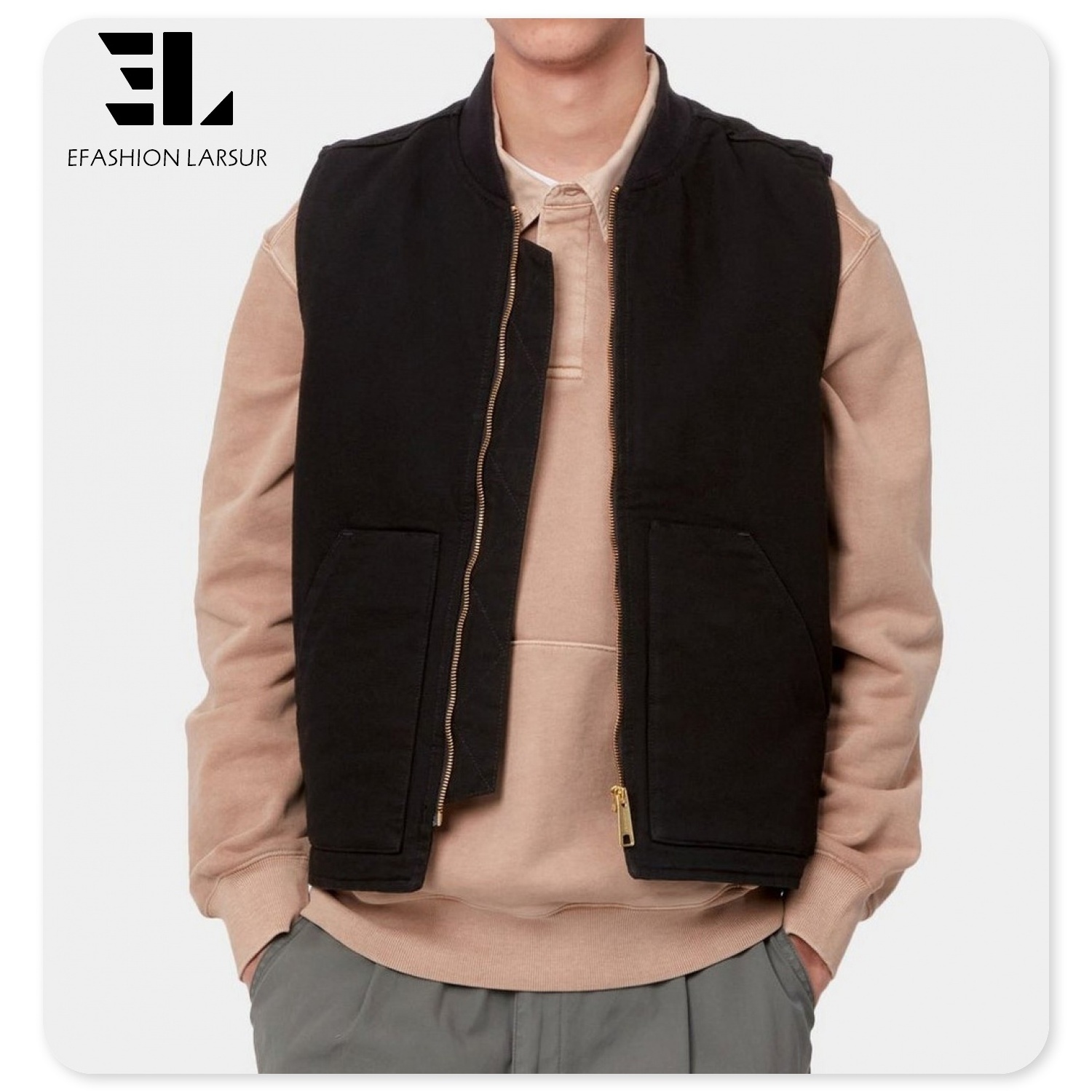 LARSUR Custom heavy duck canvas work vest for men quilted lining cargo vest cropped sleeveless gilet jacket streetwear winter