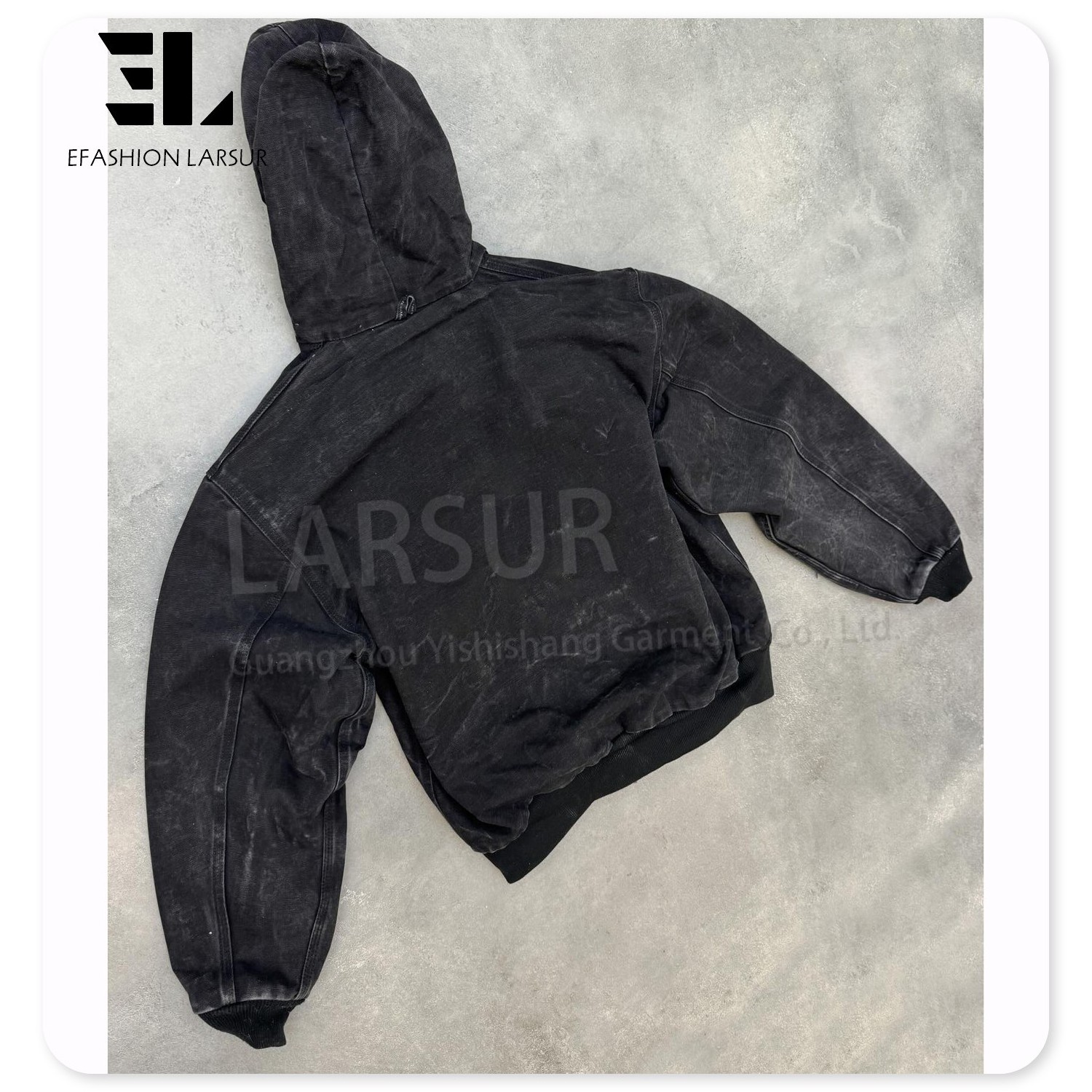 LARSUR Custom factory duck canvas boxy bomber work jacket with hood zipper up distress dirty wash workers workwear canvas hoodie