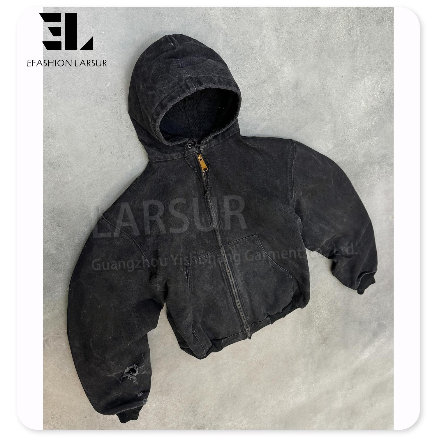 LARSUR Custom factory duck canvas boxy bomber work jacket with hood zipper up distress dirty wash workers workwear canvas hoodie