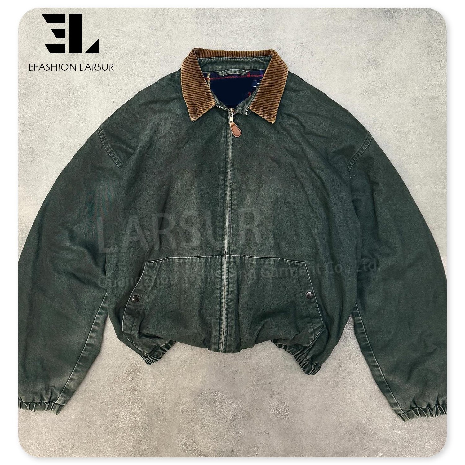 LARSUR Custom factory duck canvas boxy bomber work jacket zipper up distress dirty wash mechanic workers workwear canvas hoodie