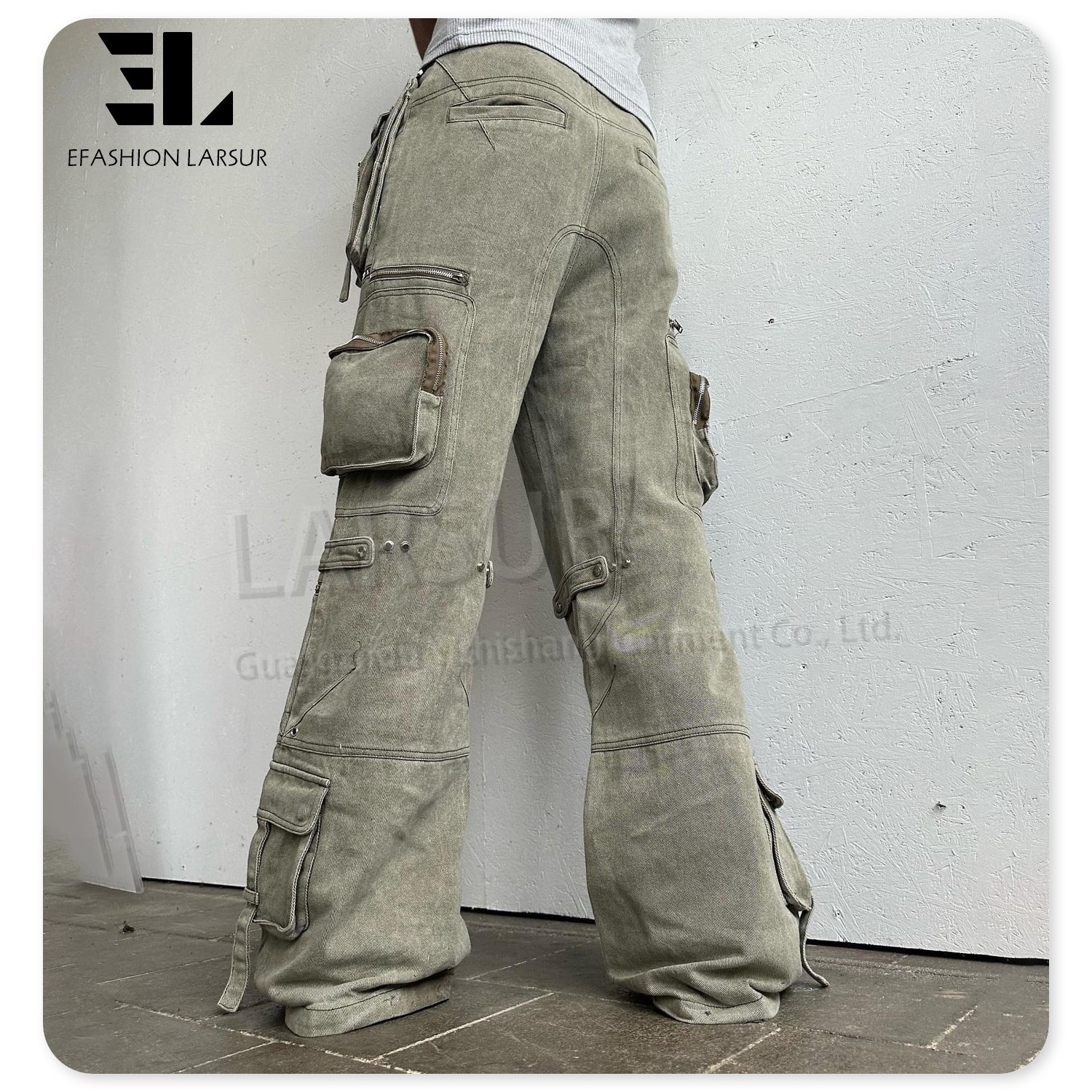 LARSUR Custom denim factory stone washed heavy cargo jeans men with multi pocket baggy straight distress flare cargo denim pants