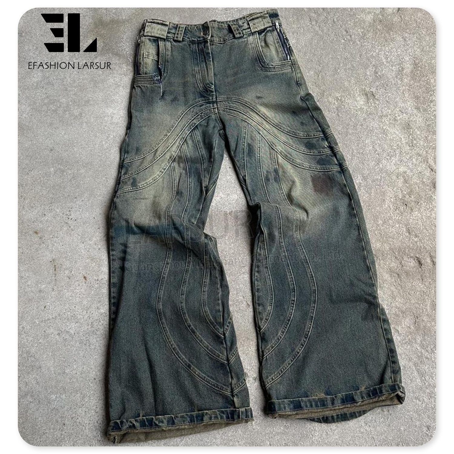 LARSUR Custom denim factory Y2K heavy wave seam flare jeans men distressed wash jeans men loose stack fit flare denim pants men