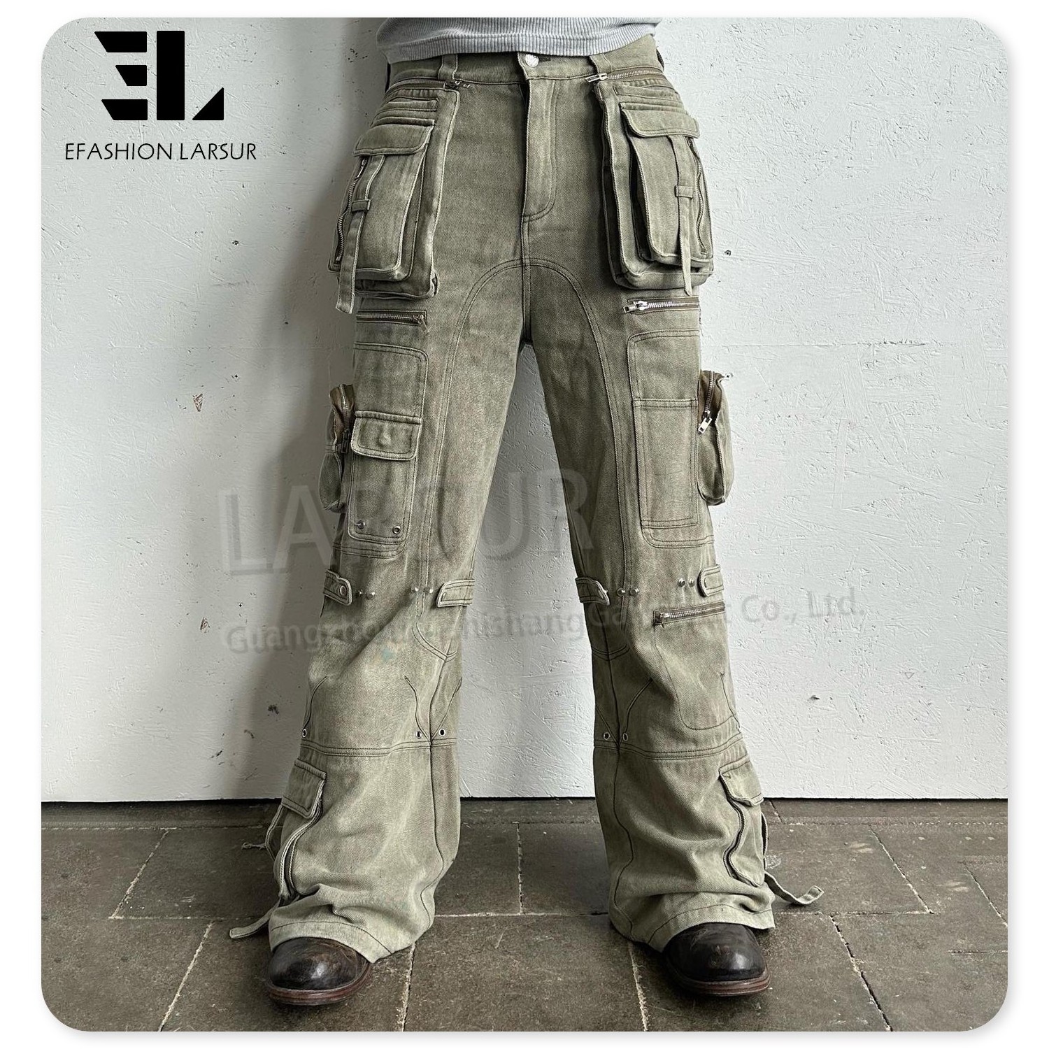 LARSUR Custom denim factory stone washed heavy cargo jeans men with multi pocket baggy straight distress flare cargo denim pants