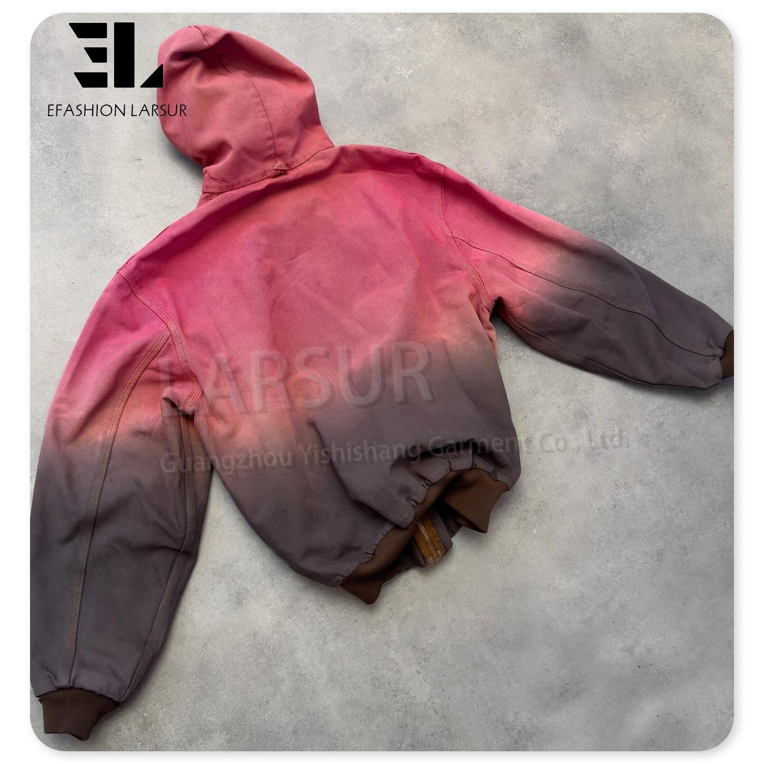 LARSUR Custom factory gradient dye work jacket with hood zipper up distress boxy workers workwear bomber duck canvas hoodie men