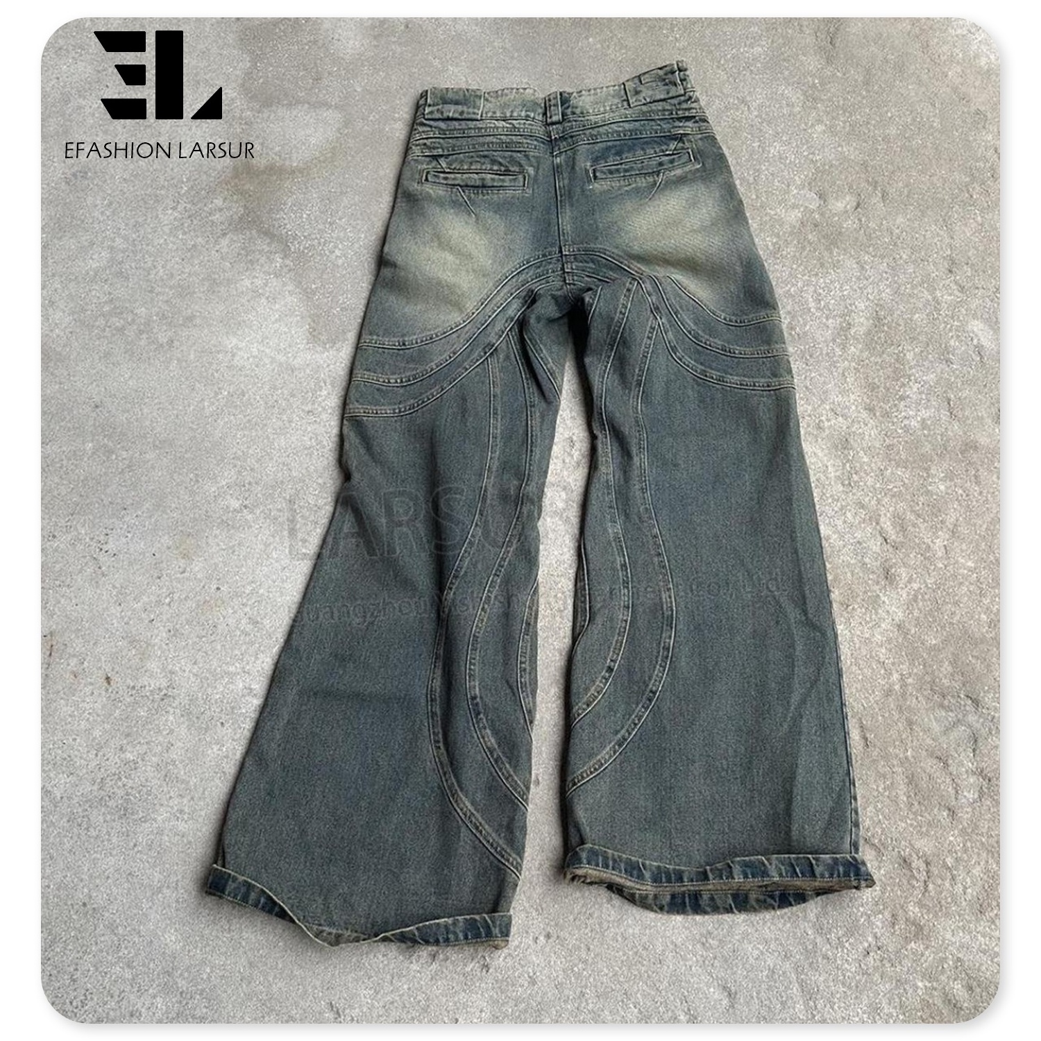 LARSUR Custom denim factory Y2K heavy wave seam flare jeans men distressed wash jeans men loose stack fit flare denim pants men